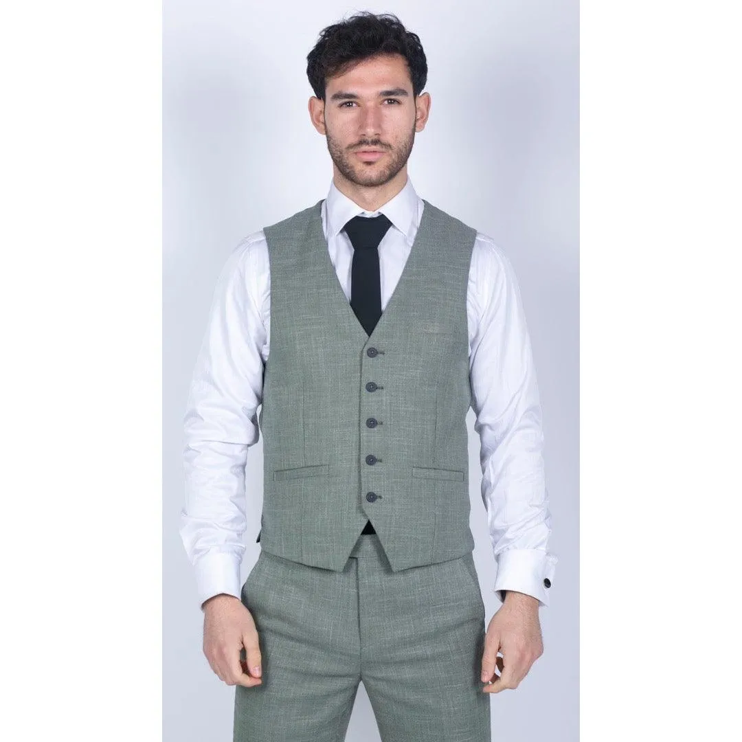 Mens 3 Piece Suit Sage Green Summer Linen Tailored Fit Wedding Prom Classic