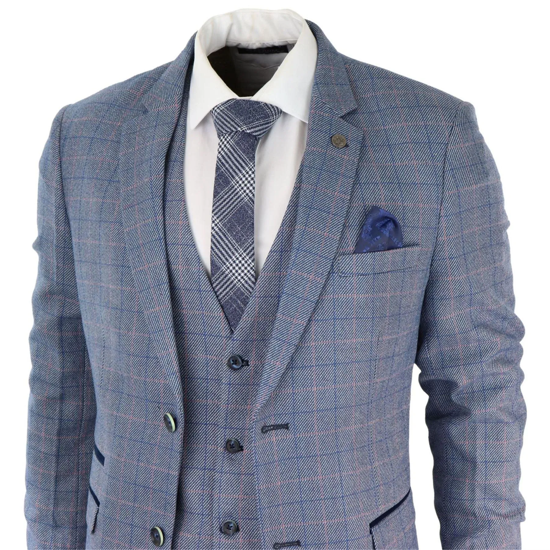 Mens 3 Piece Suit Sky Blue Check Wool Feel Marc Darcy Tailored Fit Wedding Prom Harry