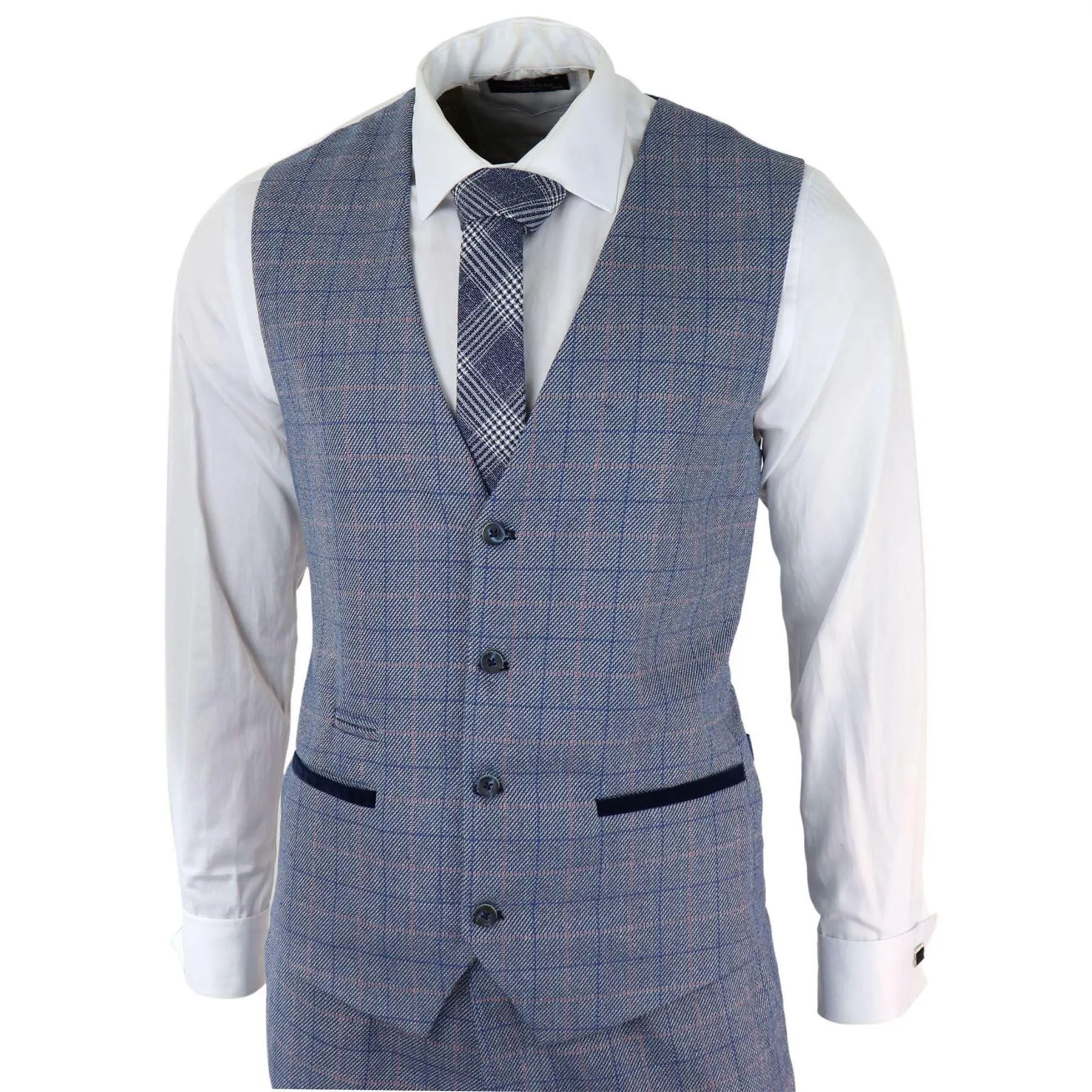 Mens 3 Piece Suit Sky Blue Check Wool Feel Marc Darcy Tailored Fit Wedding Prom Harry