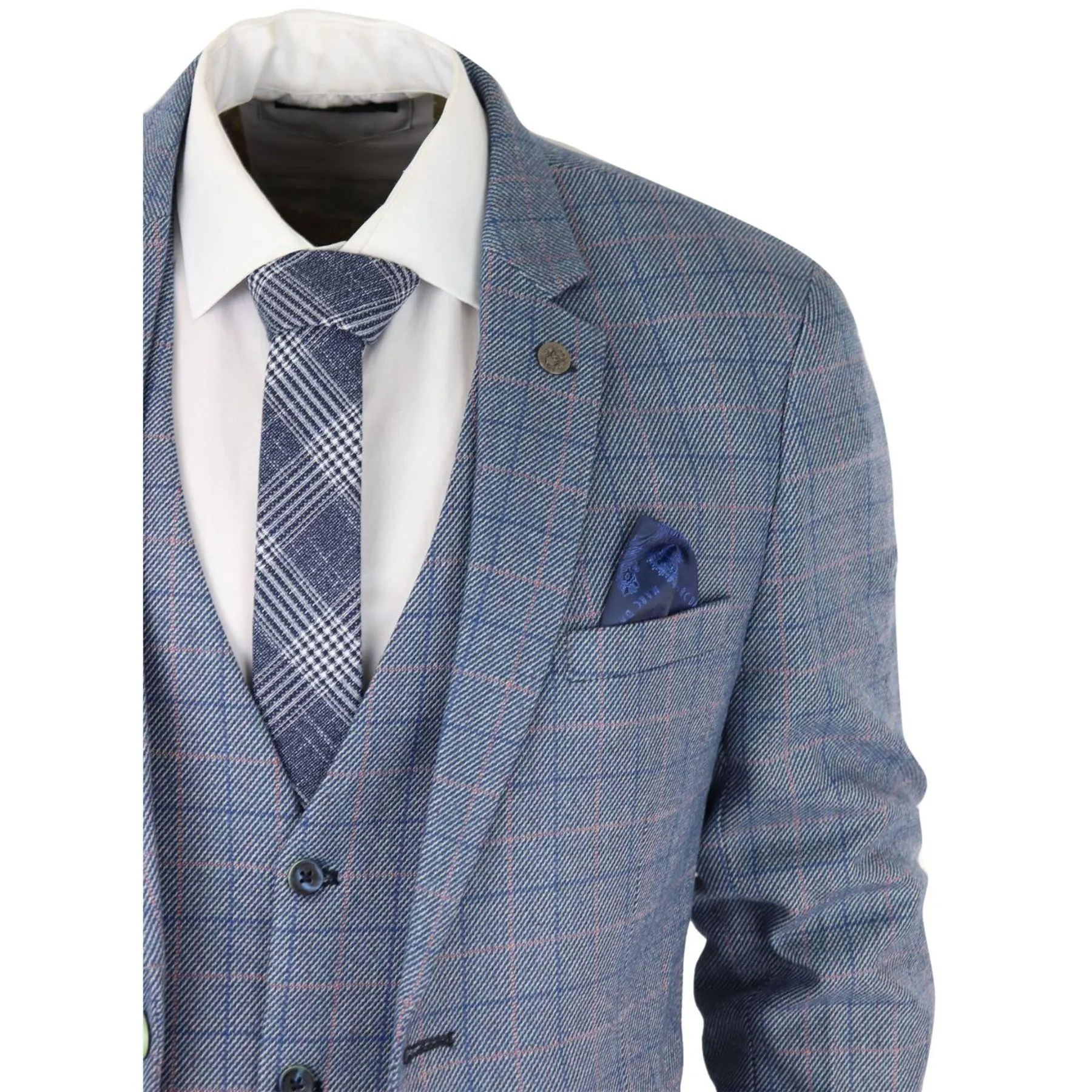 Mens 3 Piece Suit Sky Blue Check Wool Feel Marc Darcy Tailored Fit Wedding Prom Harry