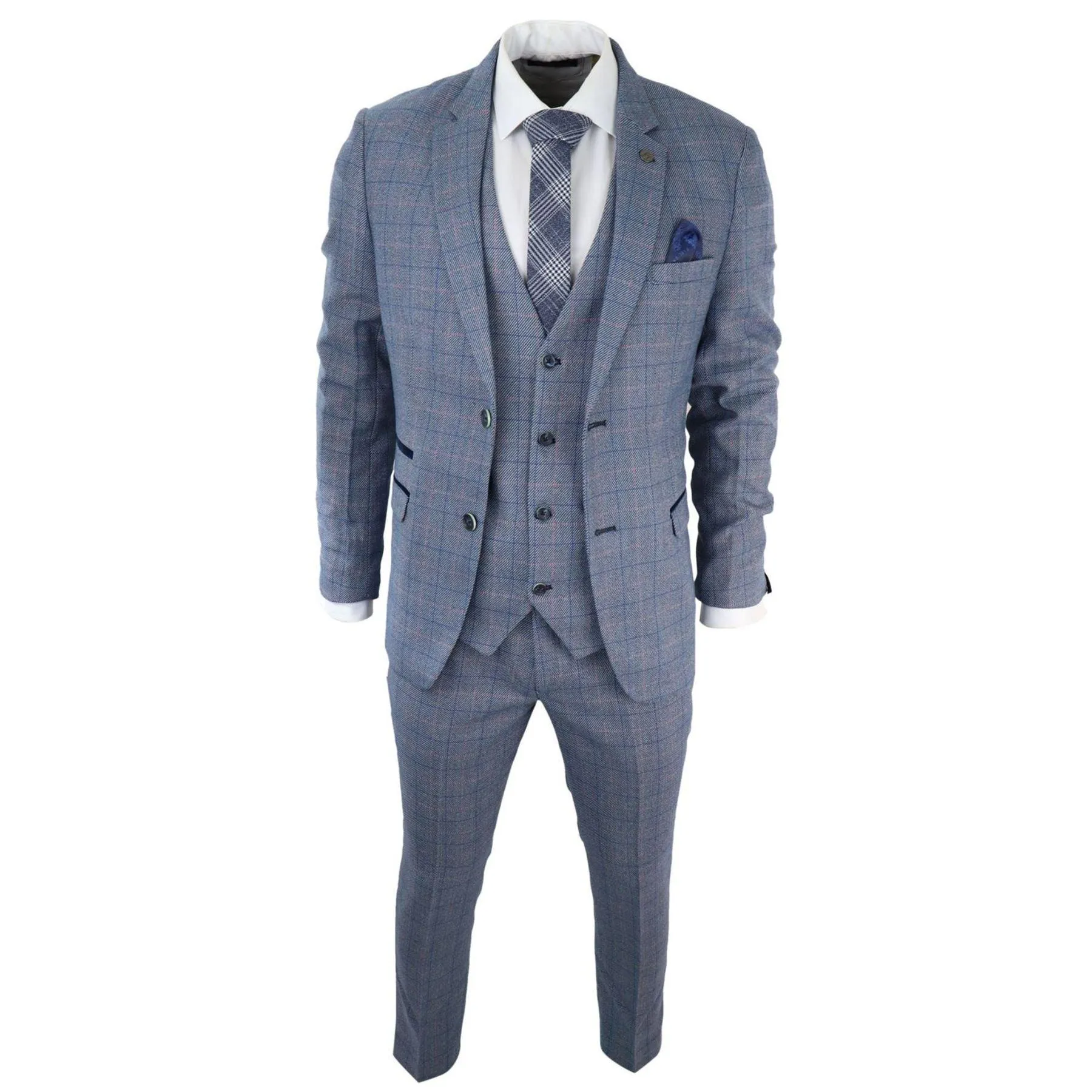 Mens 3 Piece Suit Sky Blue Check Wool Feel Marc Darcy Tailored Fit Wedding Prom Harry