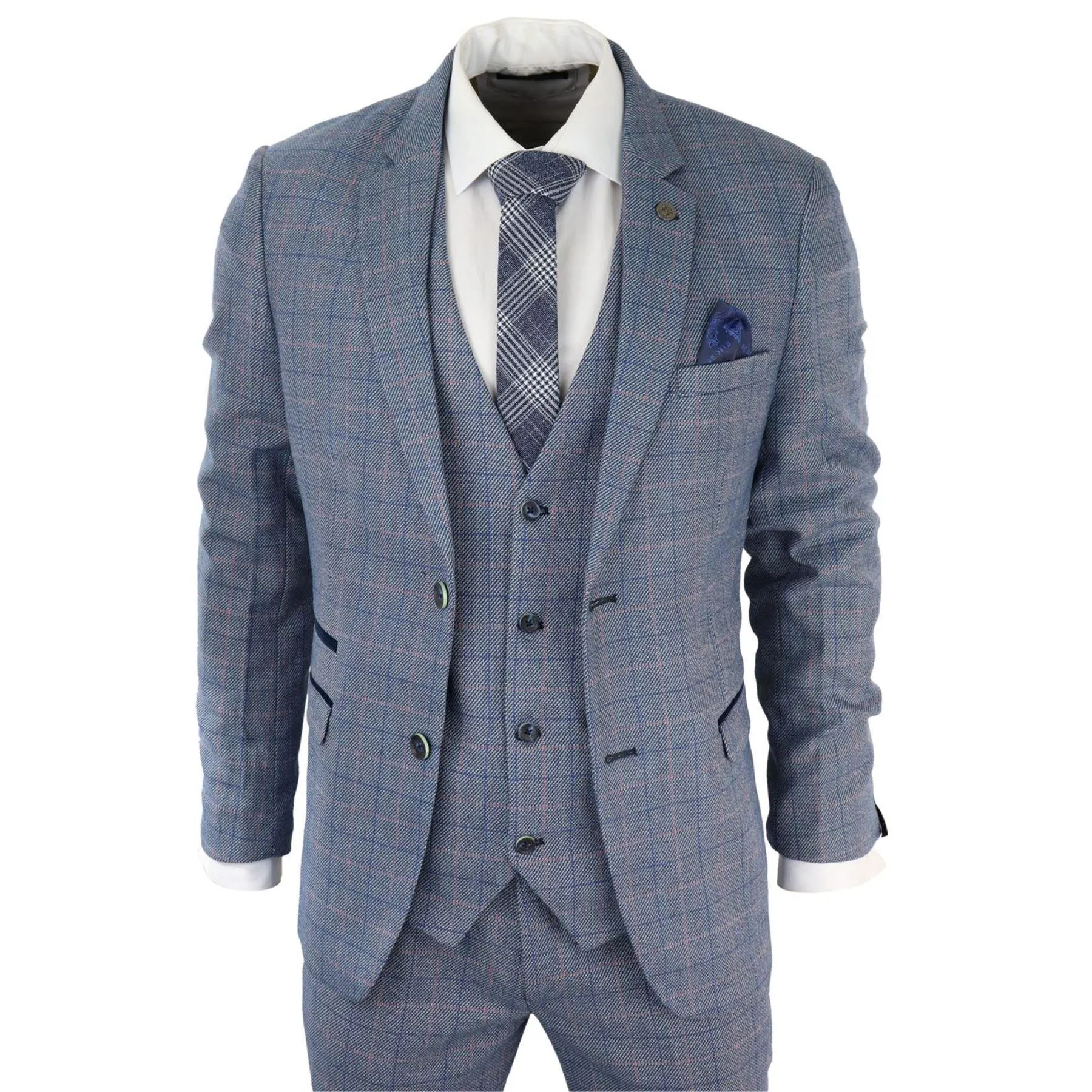 Mens 3 Piece Suit Sky Blue Check Wool Feel Marc Darcy Tailored Fit Wedding Prom Harry