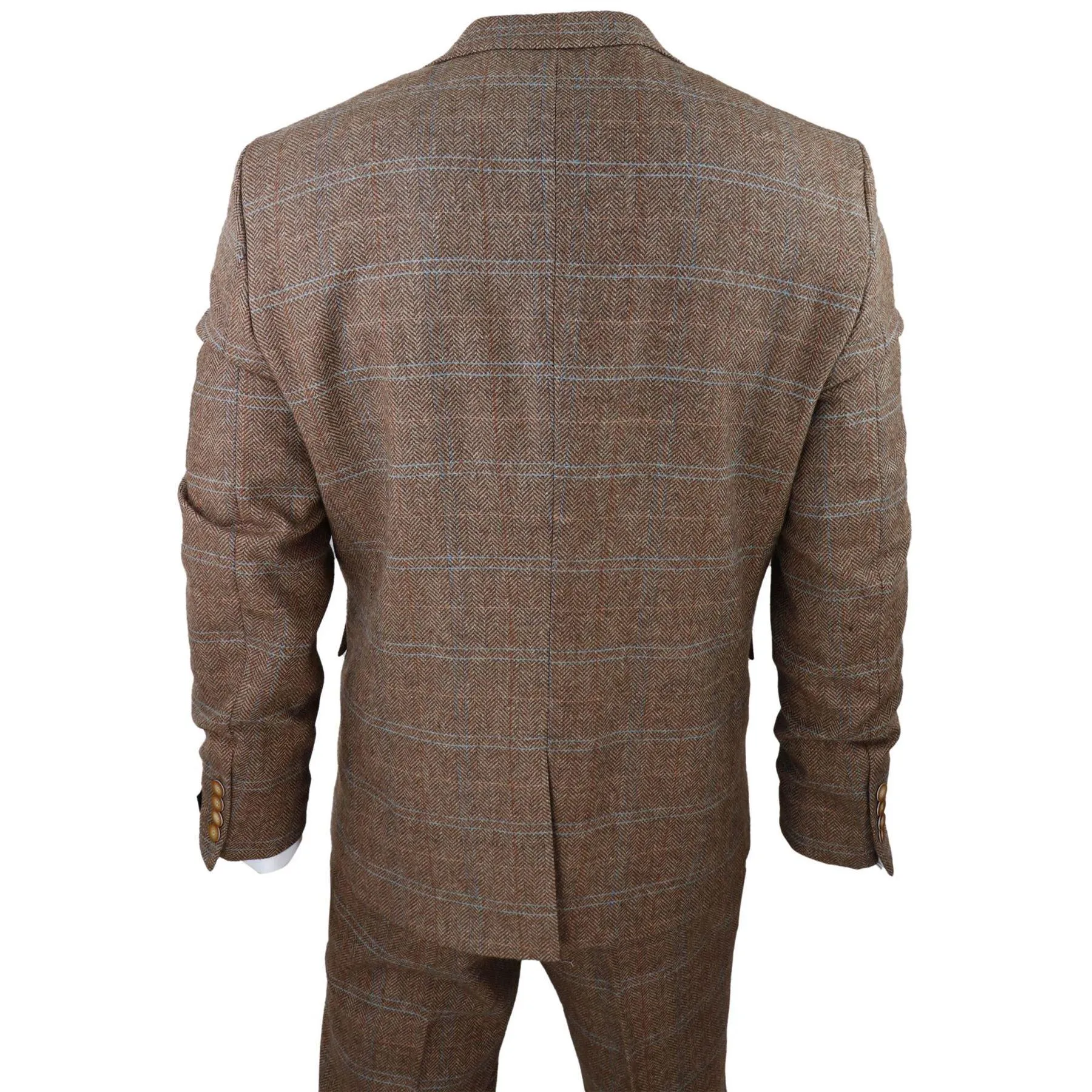 Men's 3 Piece Suit Wool Tweed Herringbone Tan Brown Blue Check 1920s Gatsby Formal Dress Suits