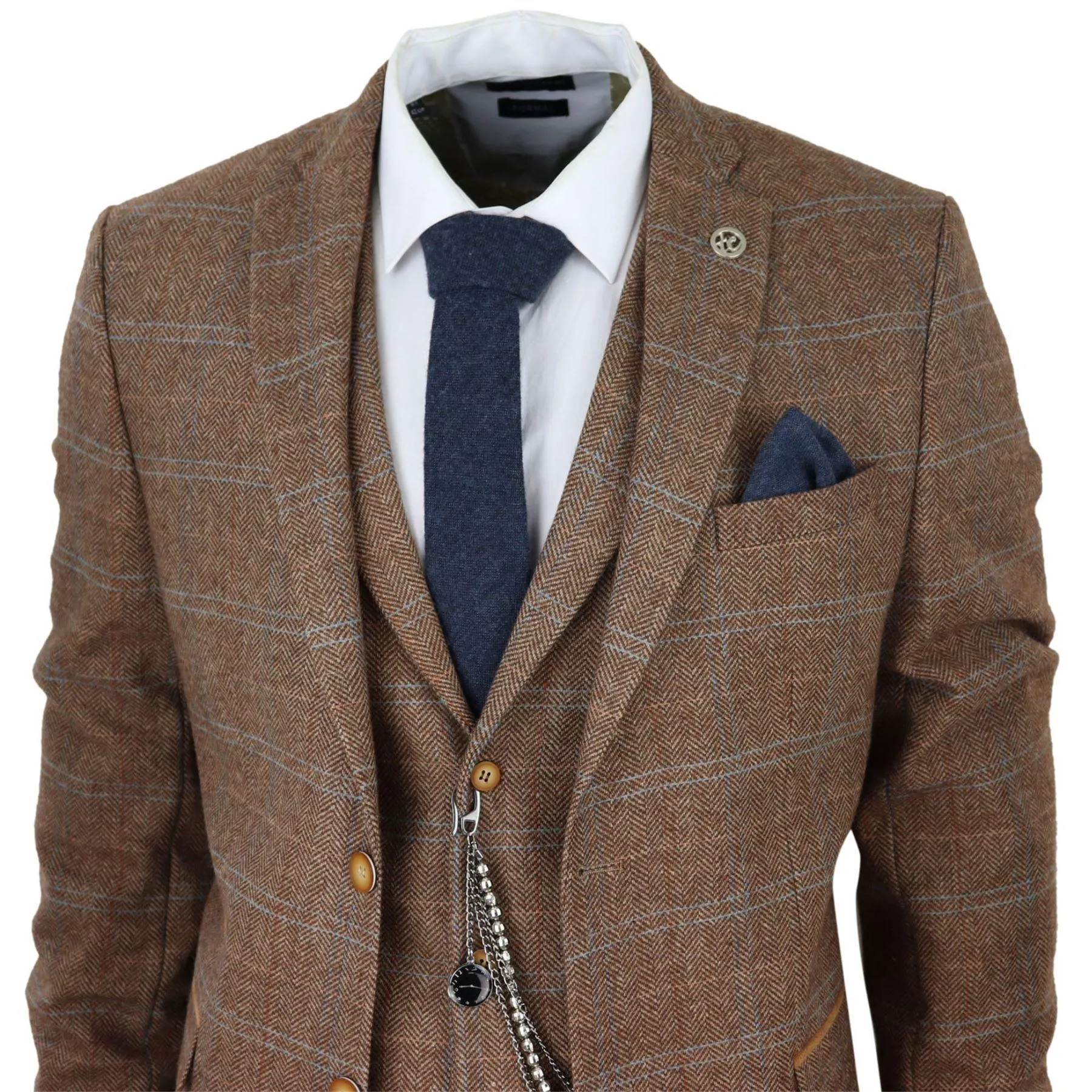 Men's 3 Piece Suit Wool Tweed Herringbone Tan Brown Blue Check 1920s Gatsby Formal Dress Suits