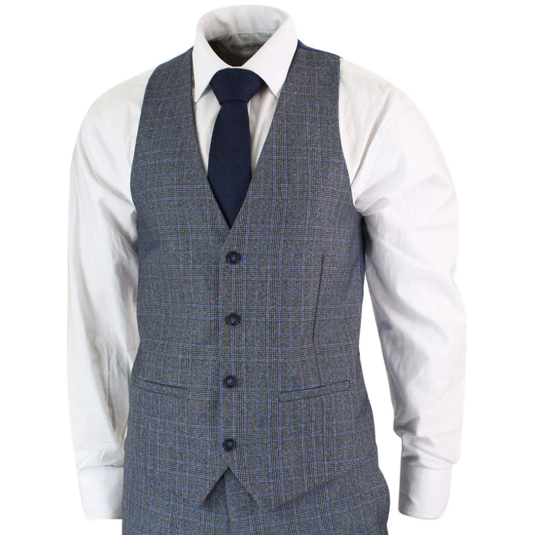 Mens 3 Piece Tailored Fit Prince Of Wales Check Grey Blue Tweed Suit Vintage Retro