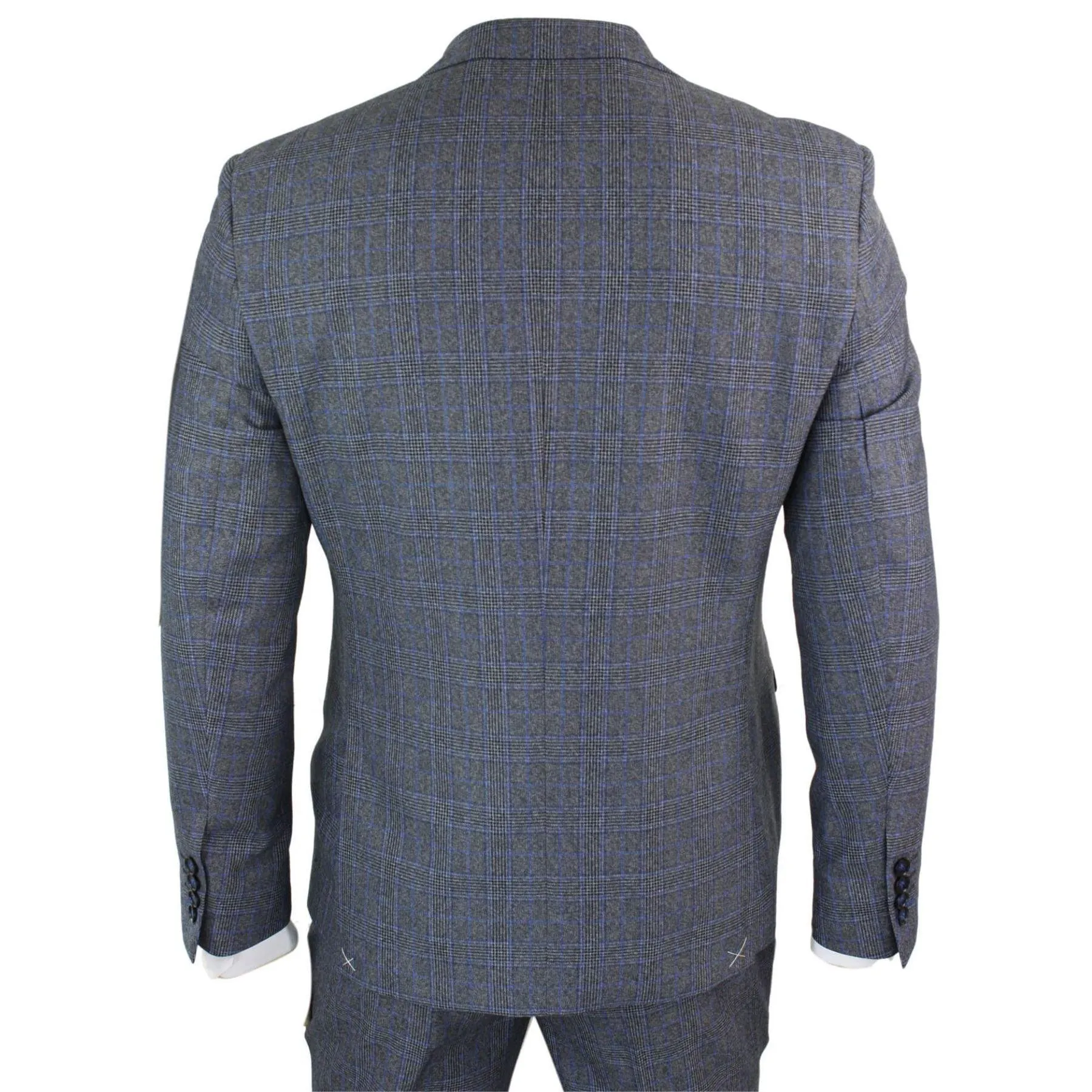 Mens 3 Piece Tailored Fit Prince Of Wales Check Grey Blue Tweed Suit Vintage Retro