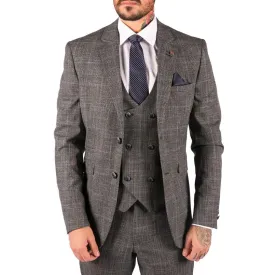 Mens 3 Piece Tailored Fit Suit Check Grey Blue Double Breasted Vintage Wedding