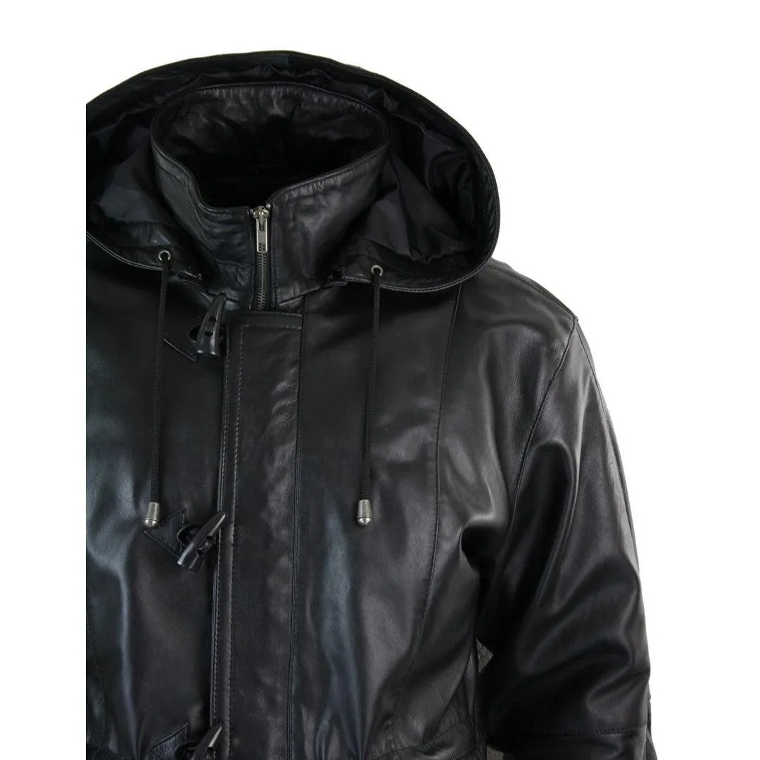 Mens Classic 3/4 Length Genuine Leather Duffle Coat with Detachable Hood - Safari Style