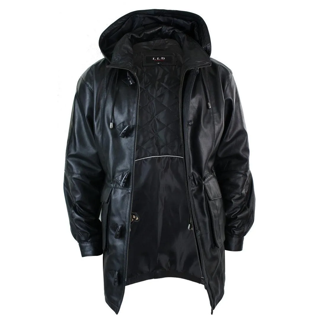 Mens Classic 3/4 Length Genuine Leather Duffle Coat with Detachable Hood - Safari Style