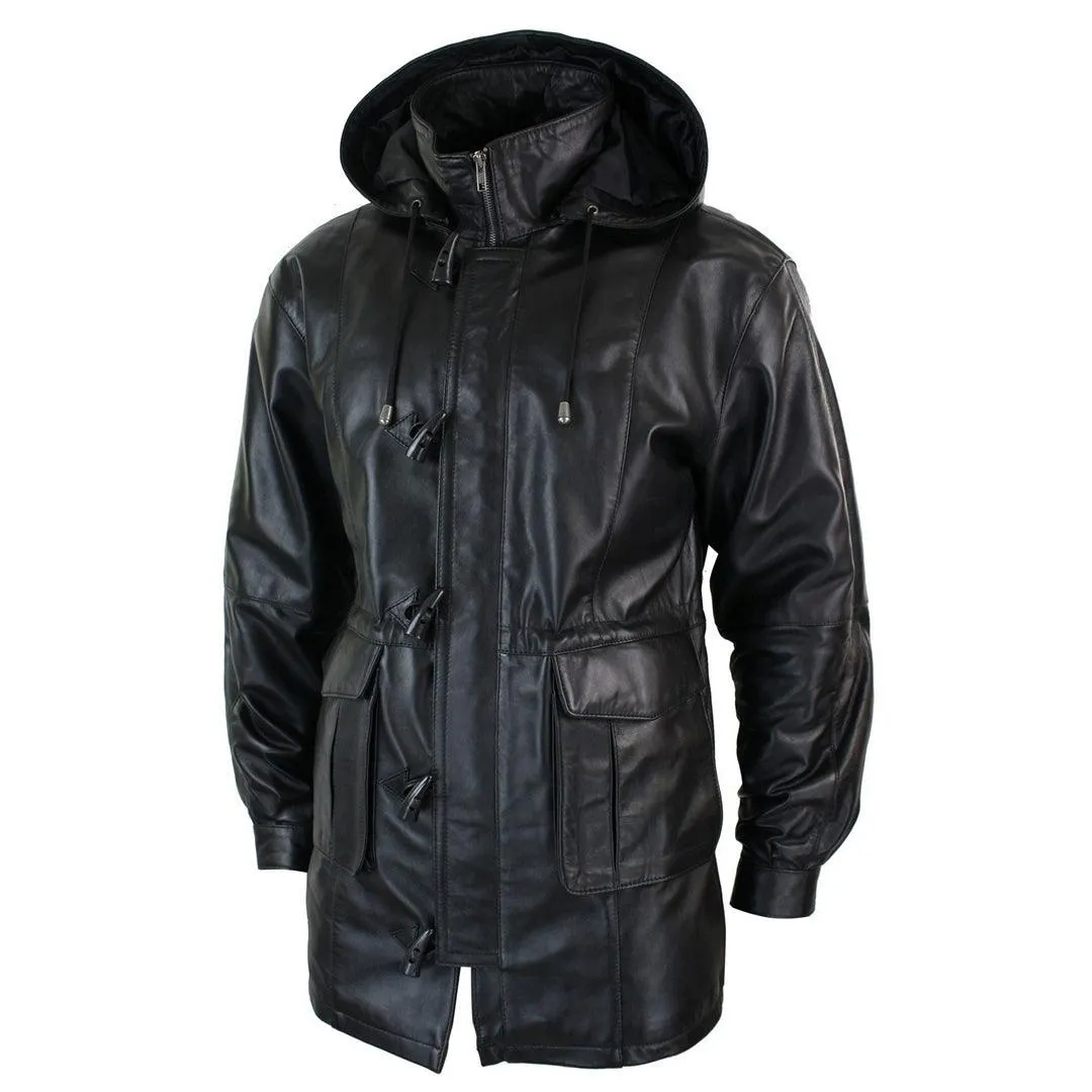 Mens Classic 3/4 Length Genuine Leather Duffle Coat with Detachable Hood - Safari Style