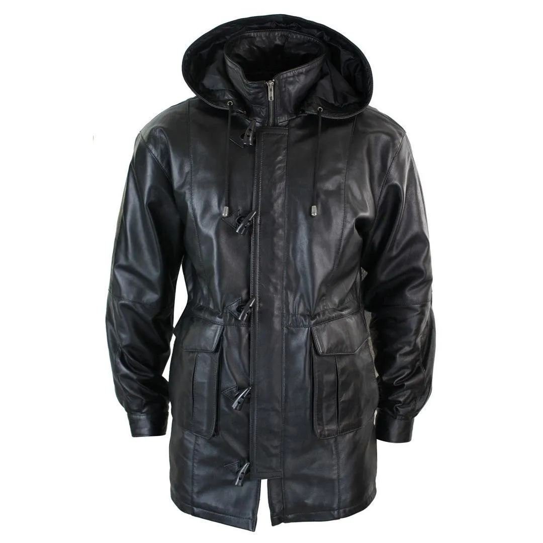 Mens Classic 3/4 Length Genuine Leather Duffle Coat with Detachable Hood - Safari Style