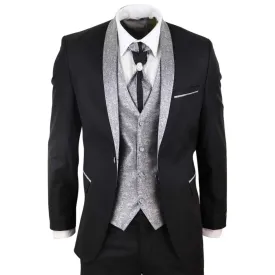 Mens 4 Piece Wedding Suit Groom Shawl Collar Vintage Black Silver Cravat Tailor