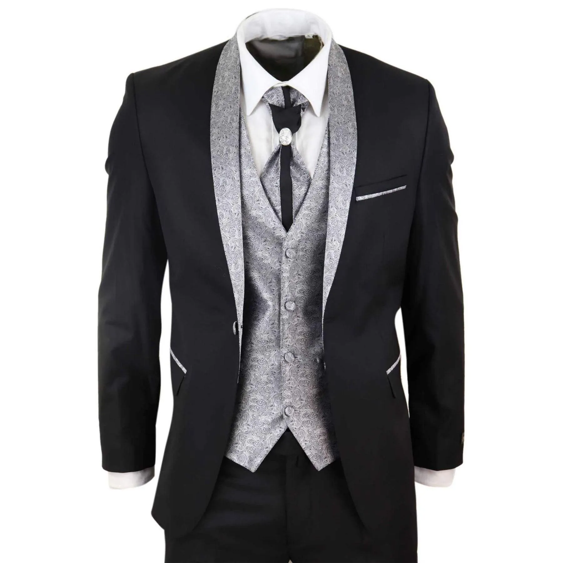 Mens 4 Piece Wedding Suit Groom Shawl Collar Vintage Black Silver Cravat Tailor