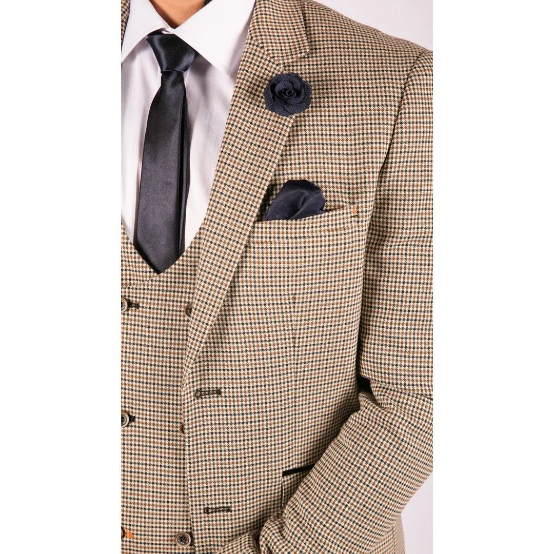 Mens Beige Navy Check Suit Vintage Classic Prince Of Wales Tailored Fit Wedding