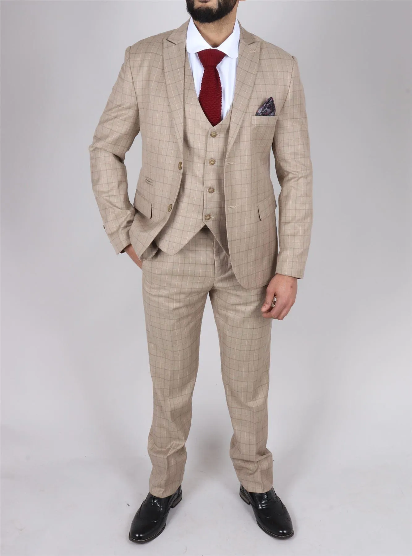 Men's Beige Suit Prince Of Wales Check Tailored Fit 3 Piece Formal Dress