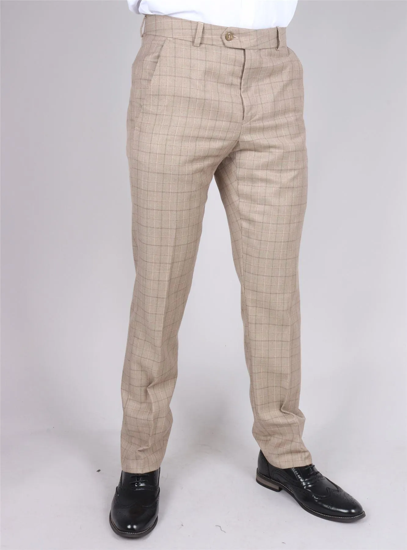 Men's Beige Suit Prince Of Wales Check Tailored Fit 3 Piece Formal Dress