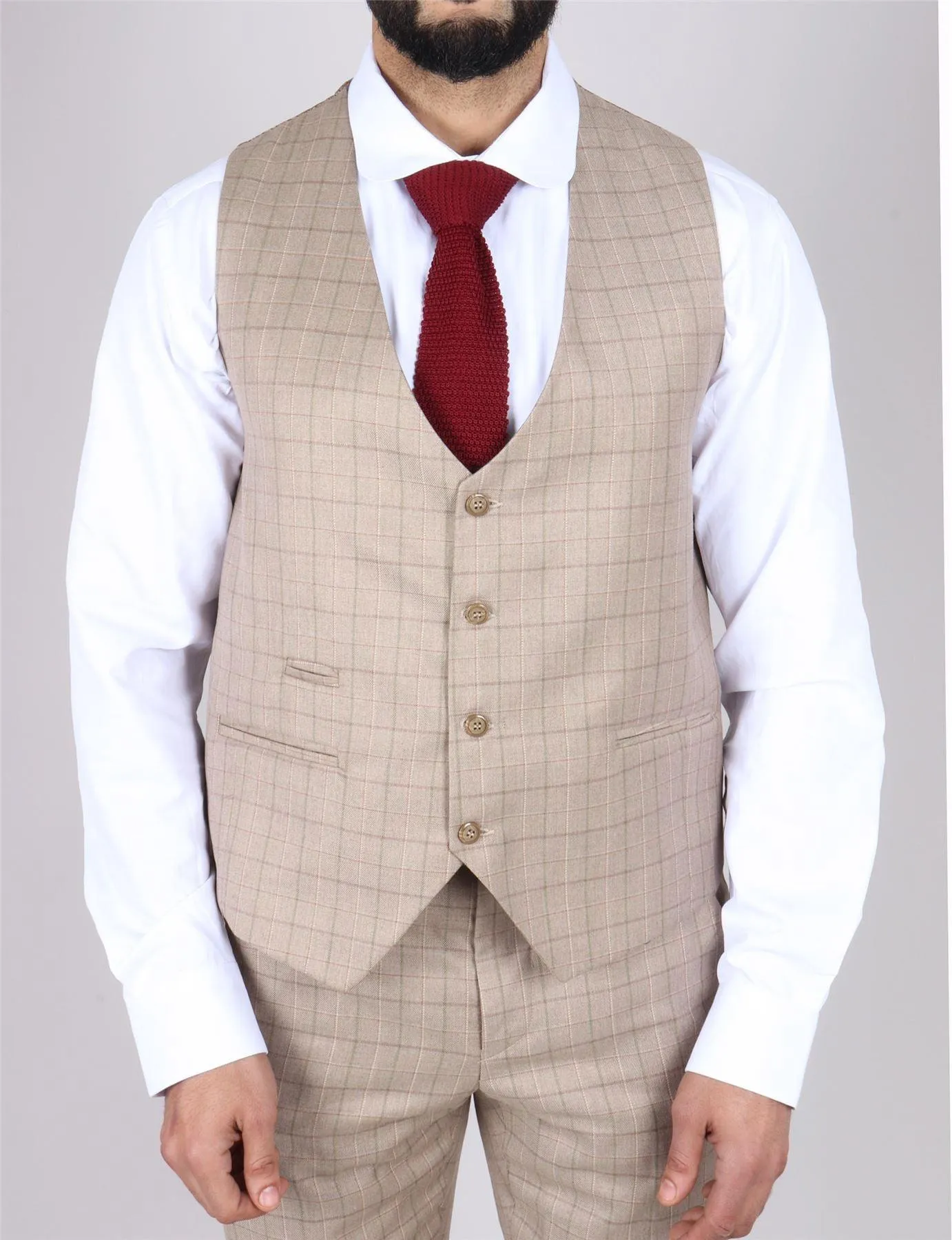 Men's Beige Suit Prince Of Wales Check Tailored Fit 3 Piece Formal Dress