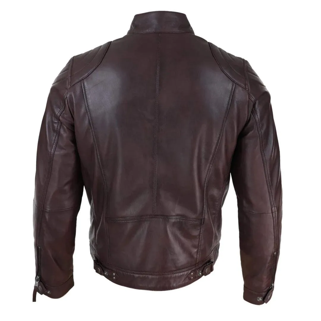 Mens Biker Zip Jacket Real Leather Casual Light Short Classic Retro Motorcycle