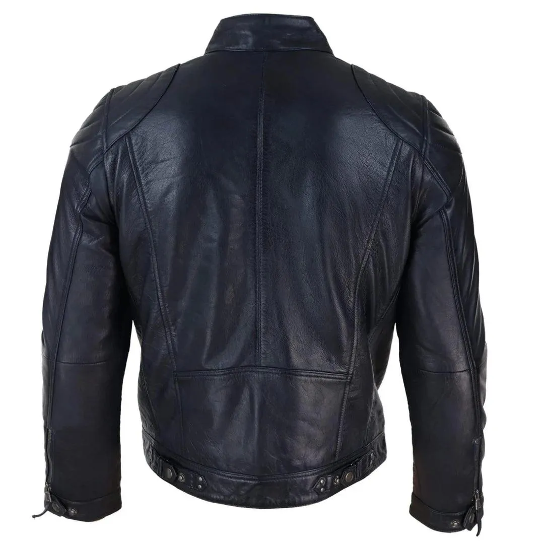 Mens Biker Zip Jacket Real Leather Casual Light Short Classic Retro Motorcycle