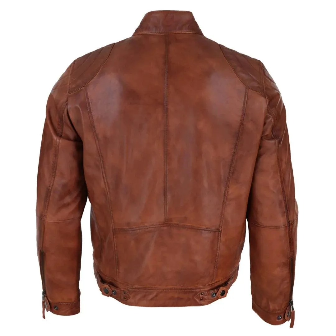 Mens Biker Zip Jacket Real Leather Casual Light Short Classic Retro Motorcycle