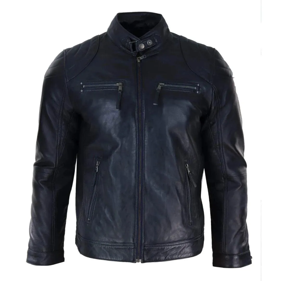 Mens Biker Zip Jacket Real Leather Casual Light Short Classic Retro Motorcycle