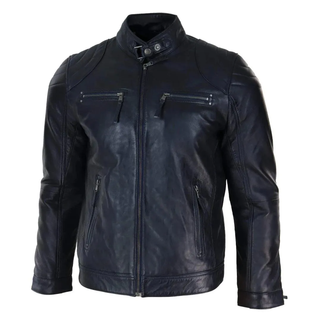 Mens Biker Zip Jacket Real Leather Casual Light Short Classic Retro Motorcycle