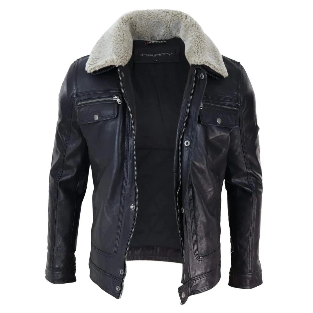 Mens Black brown Real Leather Jacket Sheepskin Collar Short Zip Button