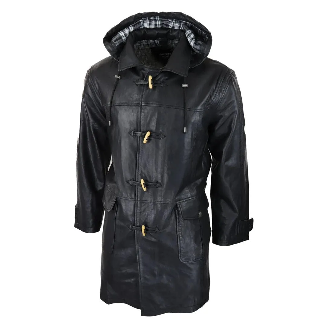 Mens Black Real Leather Duffle Jacket Coat Toggle Classic Fisherman Hooded 3/4