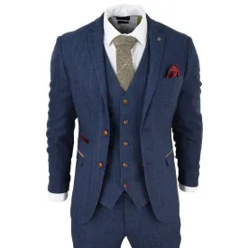 Mens Blue 3 Piece Suit Herringbone Tweed Checked Formal Dress Suits