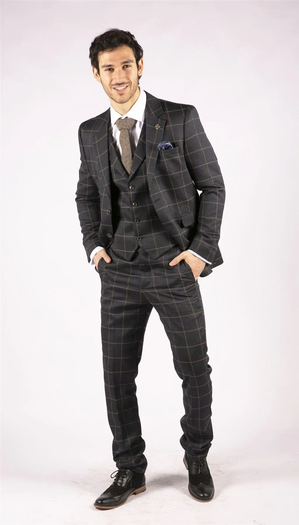 Mens Blue 3 Piece Suit Tan Check Classic Wedding Prom Peaky Tweed Vintage