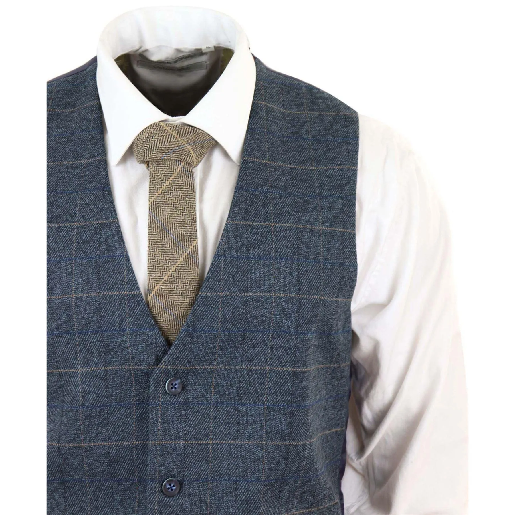 Mens Blue Check 3 Piece Suit Herringbone Tweed Vintage Tailored Fit Grey Velvet