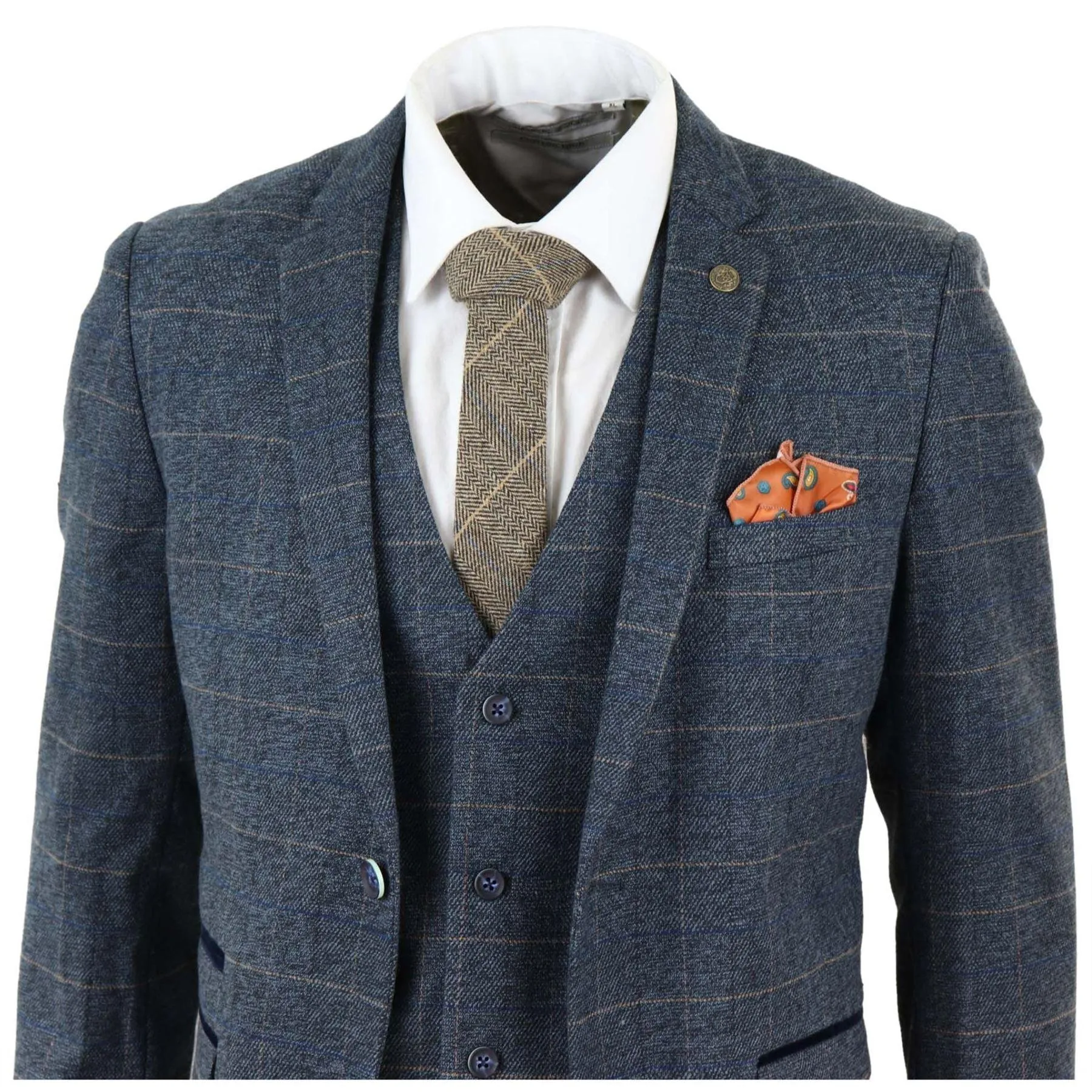 Mens Blue Check 3 Piece Suit Herringbone Tweed Vintage Tailored Fit Grey Velvet