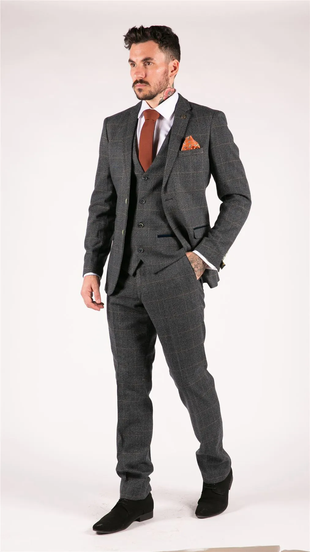 Mens Blue Check 3 Piece Suit Herringbone Tweed Vintage Tailored Fit Grey Velvet