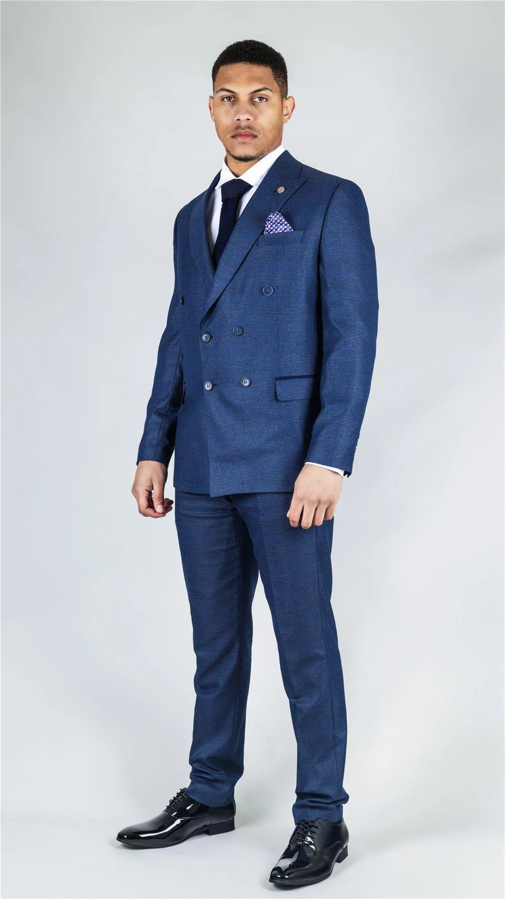 Men's Blue Suit 2 Piece Double Breasted Check Formal Dress