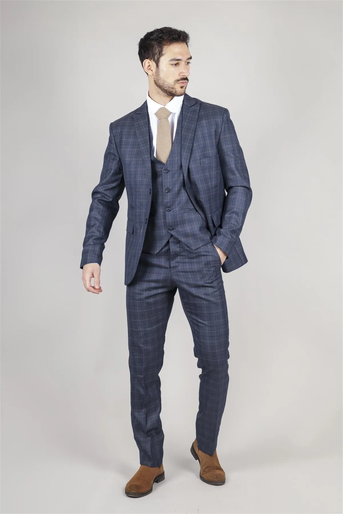 Men's Blue Suit Prince Of Wales Check Tailored Fit 3 Piece Formal Dress