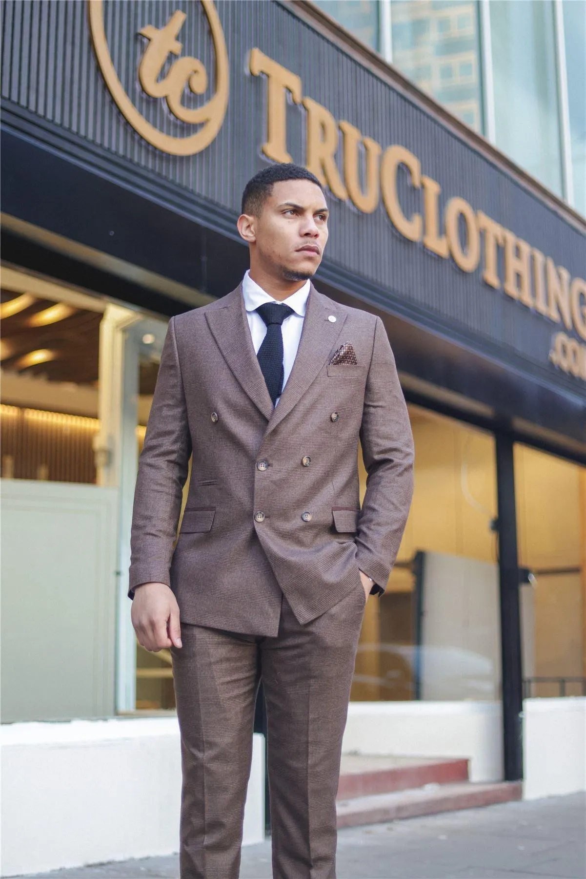 Men's Brown Suit 2 Piece Double Breasted Check Formal Dress