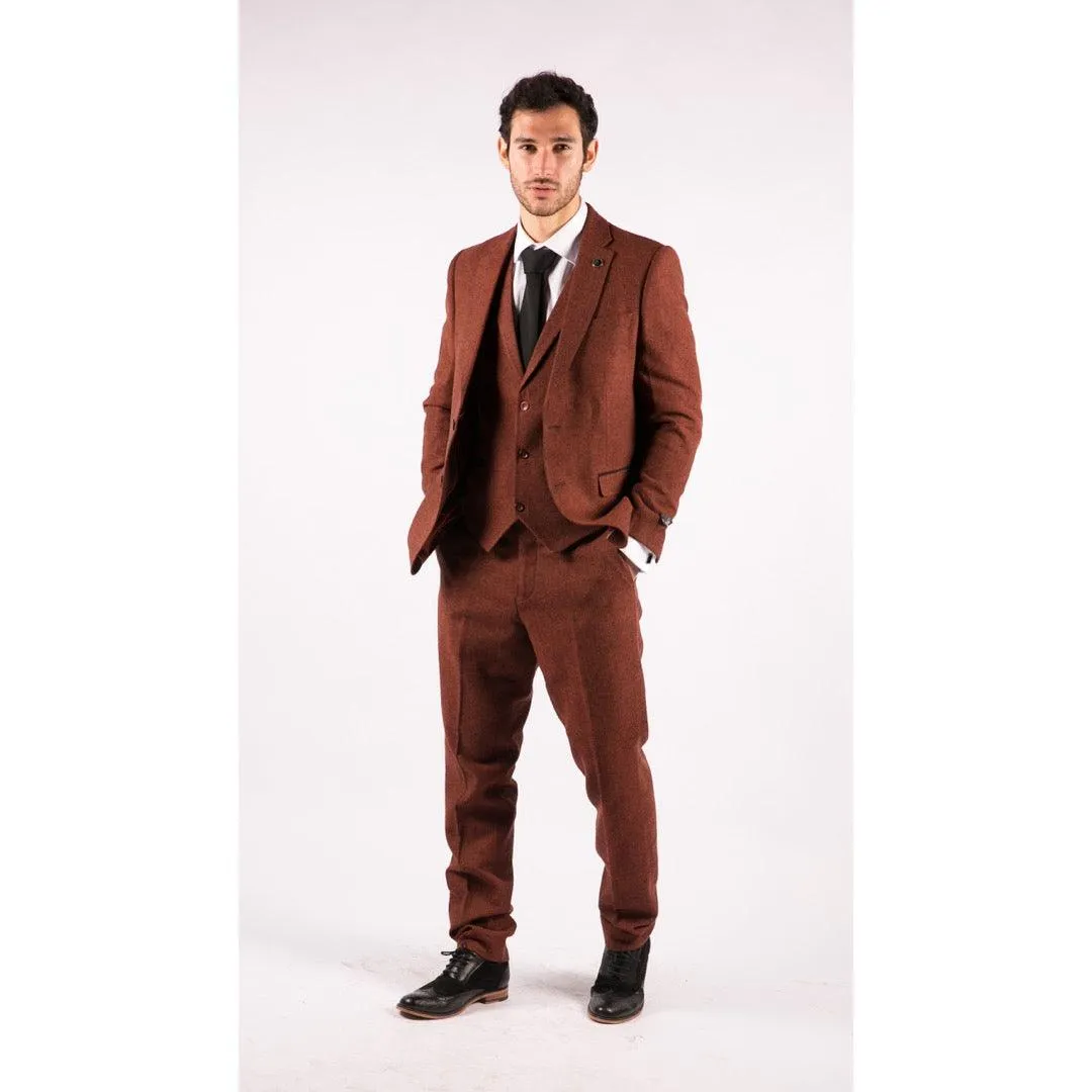 Mens Camel 3 Piece Tweed Suit Herringbone Wool Vintage Retro Fit