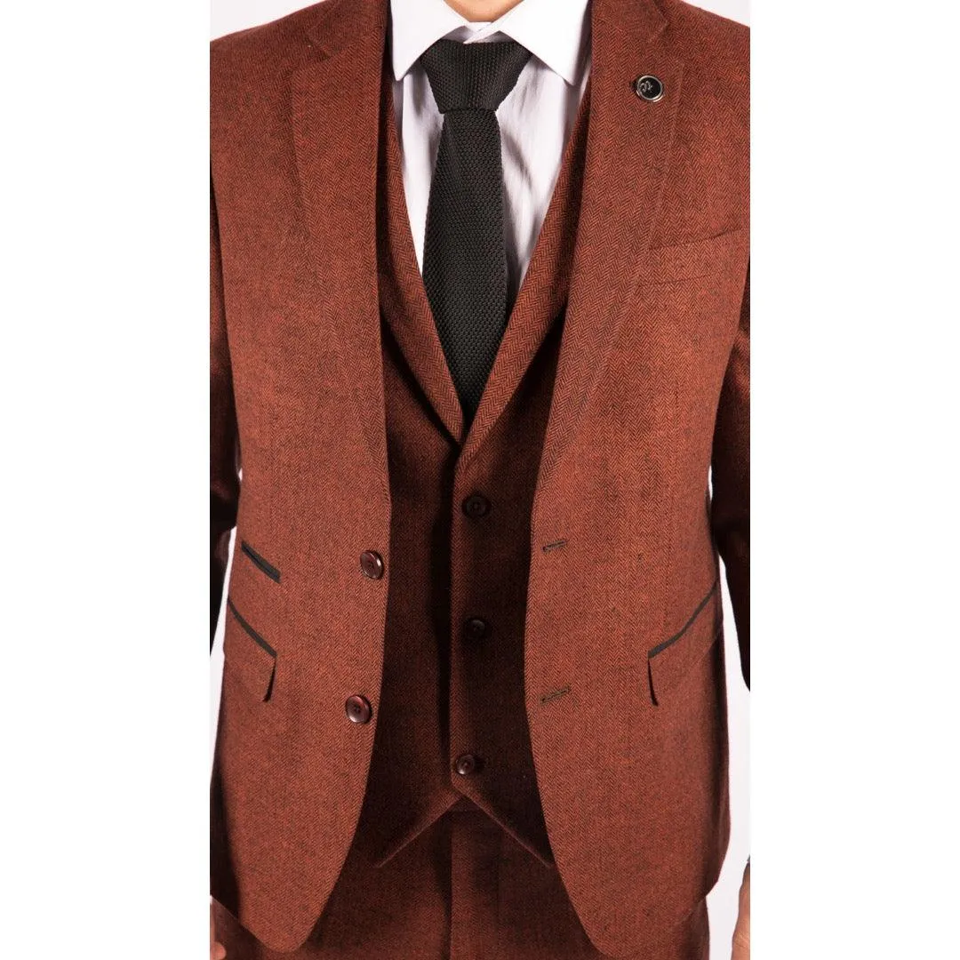 Mens Camel 3 Piece Tweed Suit Herringbone Wool Vintage Retro Fit