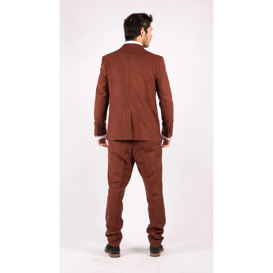 Mens Camel 3 Piece Tweed Suit Herringbone Wool Vintage Retro Fit