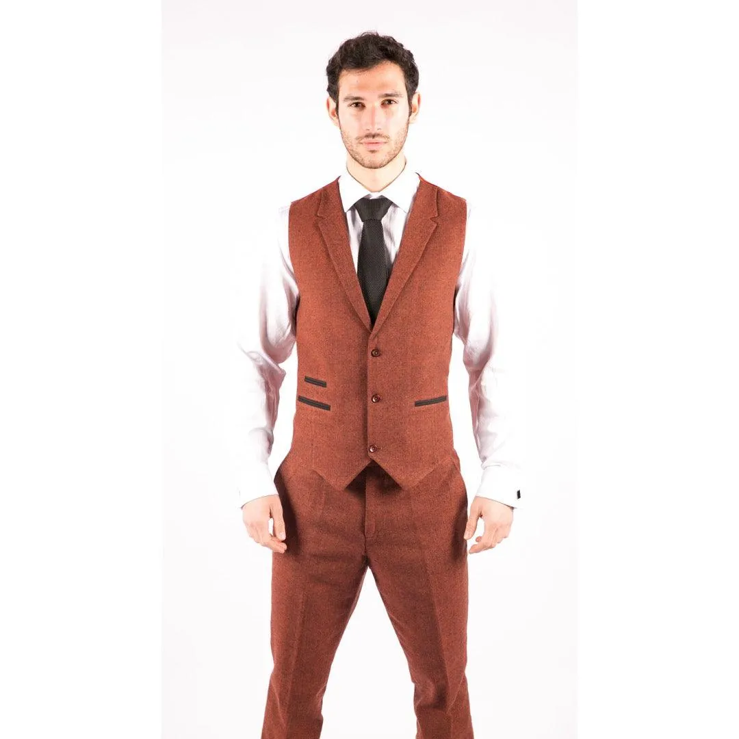 Mens Camel 3 Piece Tweed Suit Herringbone Wool Vintage Retro Fit