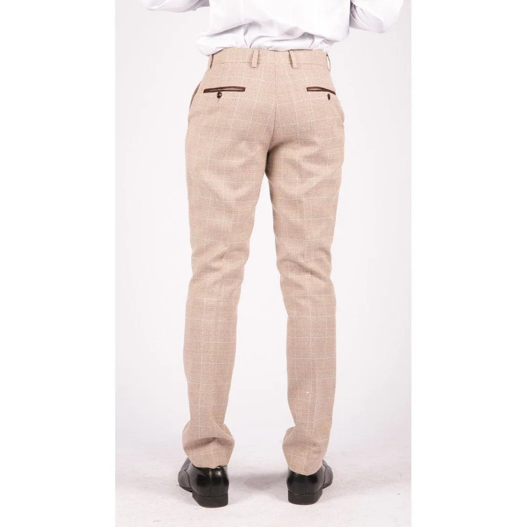 Mens Check Tweed Beige Brown Trousers Wedding Prom Vintage Retro Classic