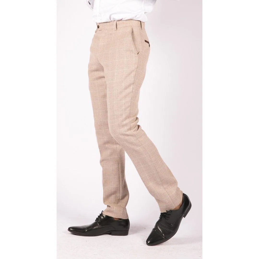 Mens Check Tweed Beige Brown Trousers Wedding Prom Vintage Retro Classic