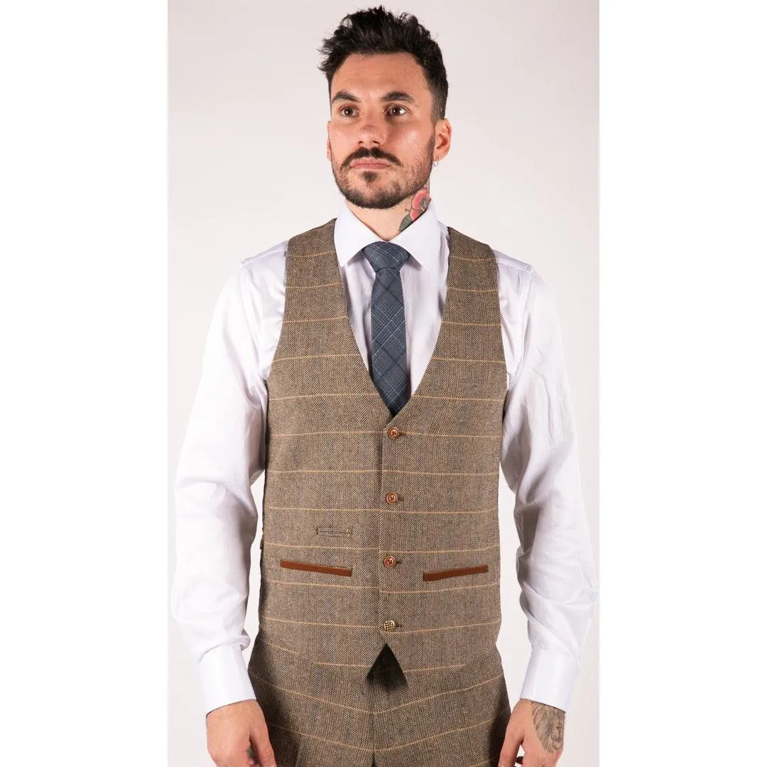 Mens Check Vintage Herringbone Tweed Tan Brown 3 Piece Suit Slim Fit Wedding