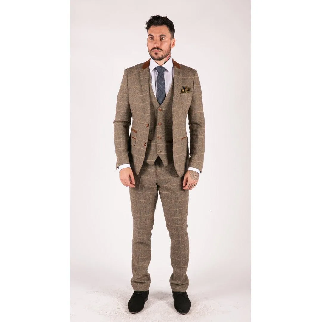 Mens Check Vintage Herringbone Tweed Tan Brown 3 Piece Suit Slim Fit Wedding