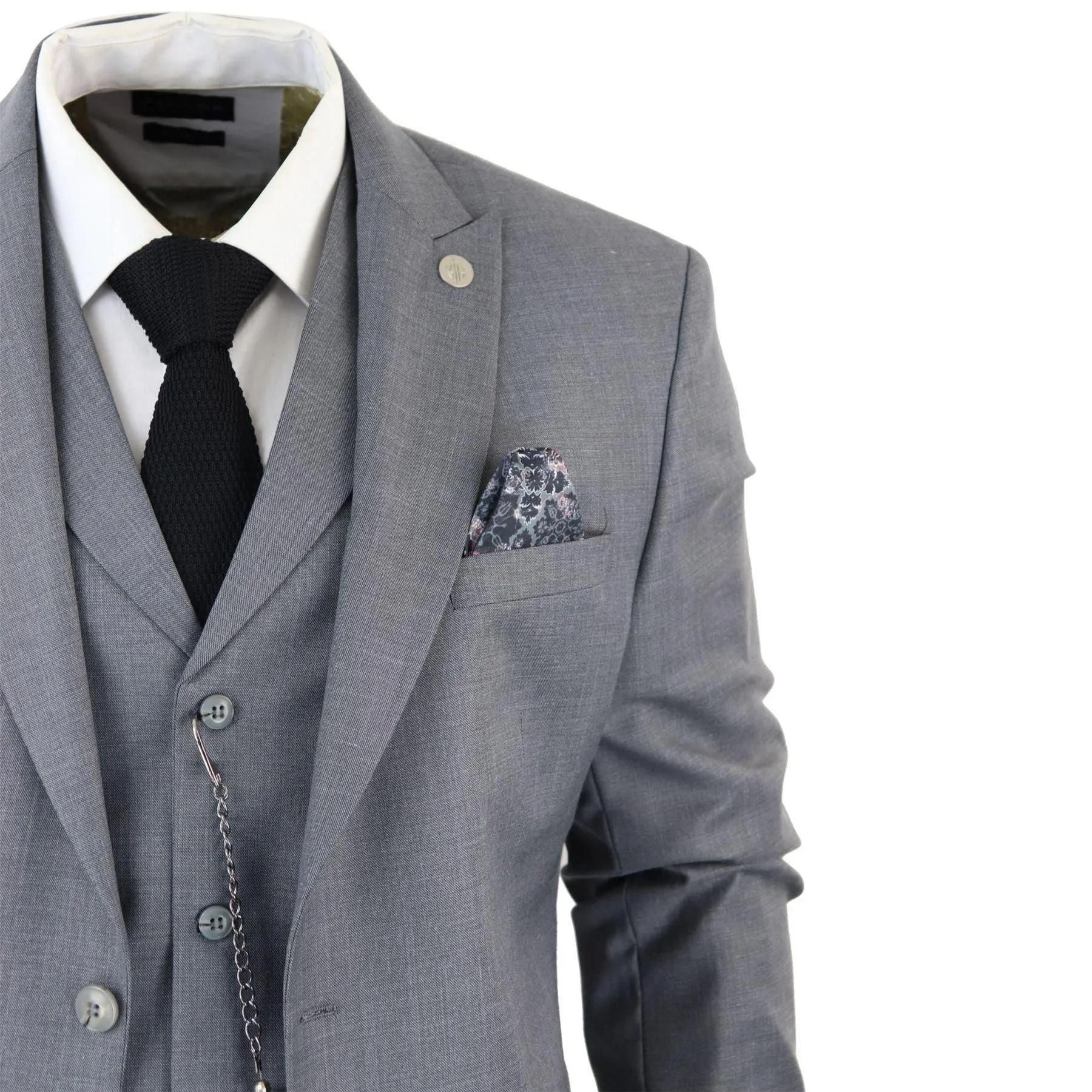 Mens Classic 3 Piece Suit Grey Pocket Chain Wedding Tailored Fit Vintage Formal