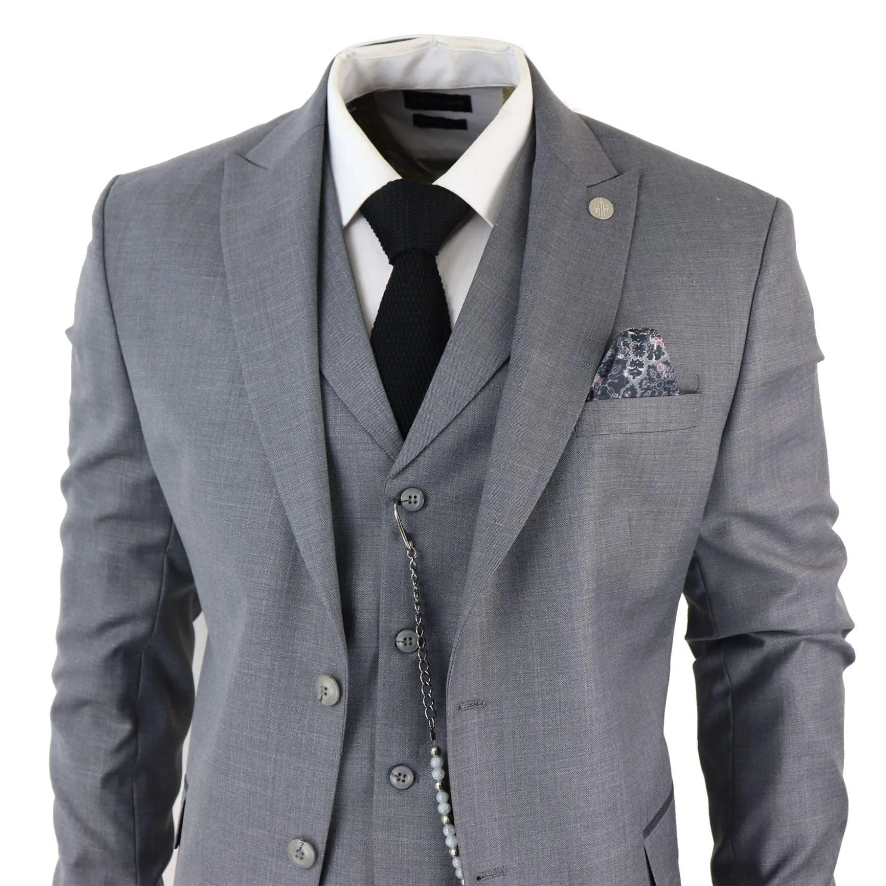 Mens Classic 3 Piece Suit Grey Pocket Chain Wedding Tailored Fit Vintage Formal