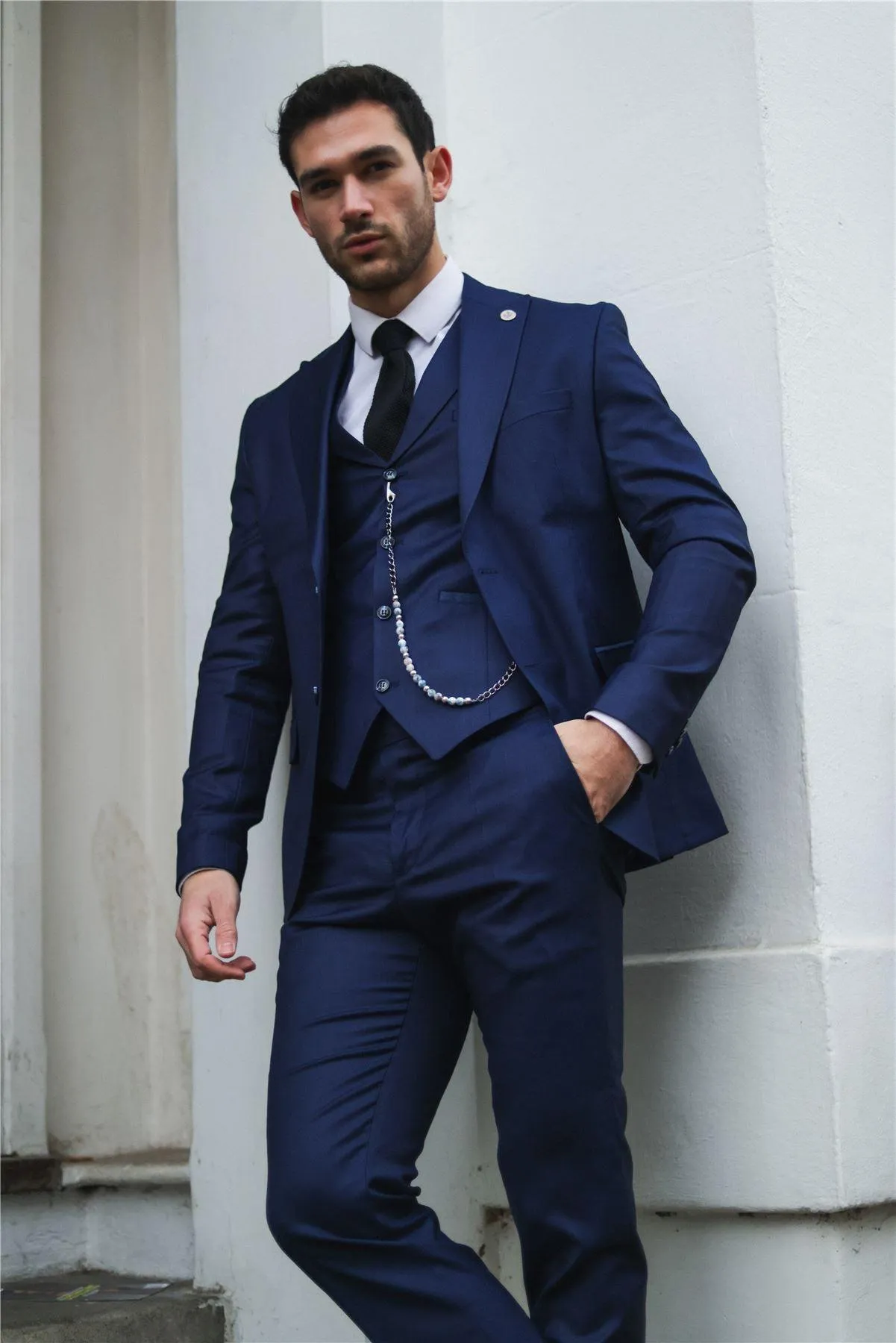 Mens Classic 3 Piece Suit Navy Blue Pocket Chain Wedding Tailored Fit Vintage Formal