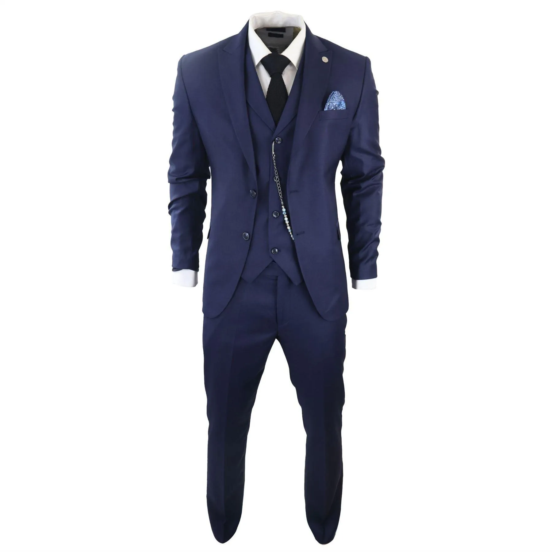 Mens Classic 3 Piece Suit Navy Blue Pocket Chain Wedding Tailored Fit Vintage Formal