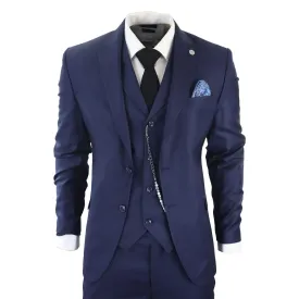 Mens Classic 3 Piece Suit Navy Blue Pocket Chain Wedding Tailored Fit Vintage Formal