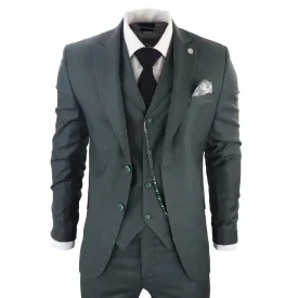 Mens Classic 3 Piece Suit Olive Green Pocket Chain Wedding Tailored Fit Vintage Formal